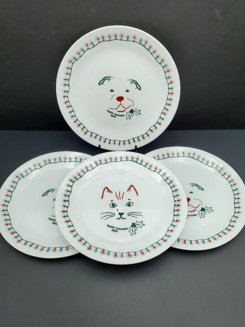 Corelle Happy Holidays 2024 Cat Face Plate Happy Holidays 2025 Dog Face Plates